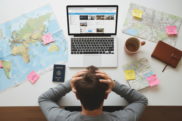 Person sitzt entspannt mit Laptop und Reiseunterlagen am Tisch und plant eine Reise strukturiert und ruhig