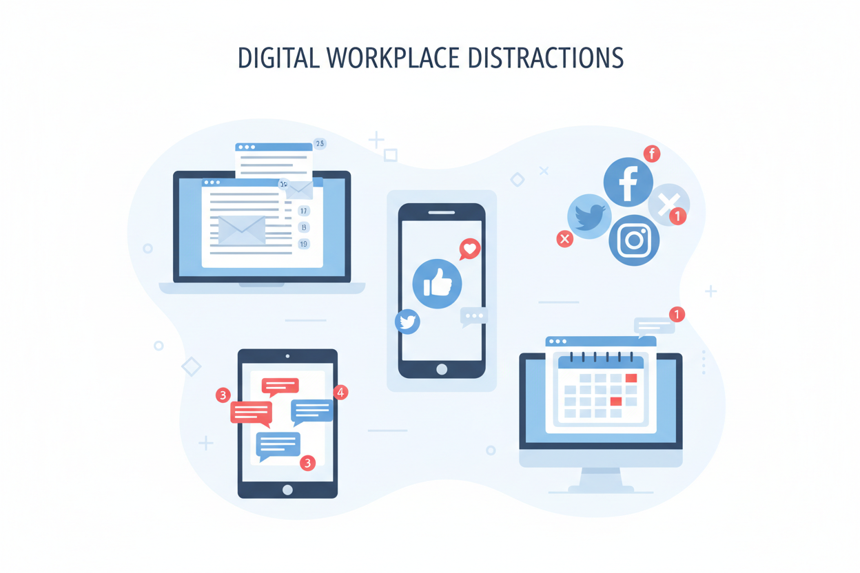 Mehrere digitale Geräte mit Benachrichtigungen und offenen Aufgaben als Sinnbild für Ablenkung im Arbeitsalltag