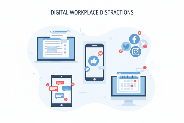 Mehrere digitale Geräte mit Benachrichtigungen und offenen Aufgaben als Sinnbild für Ablenkung im Arbeitsalltag