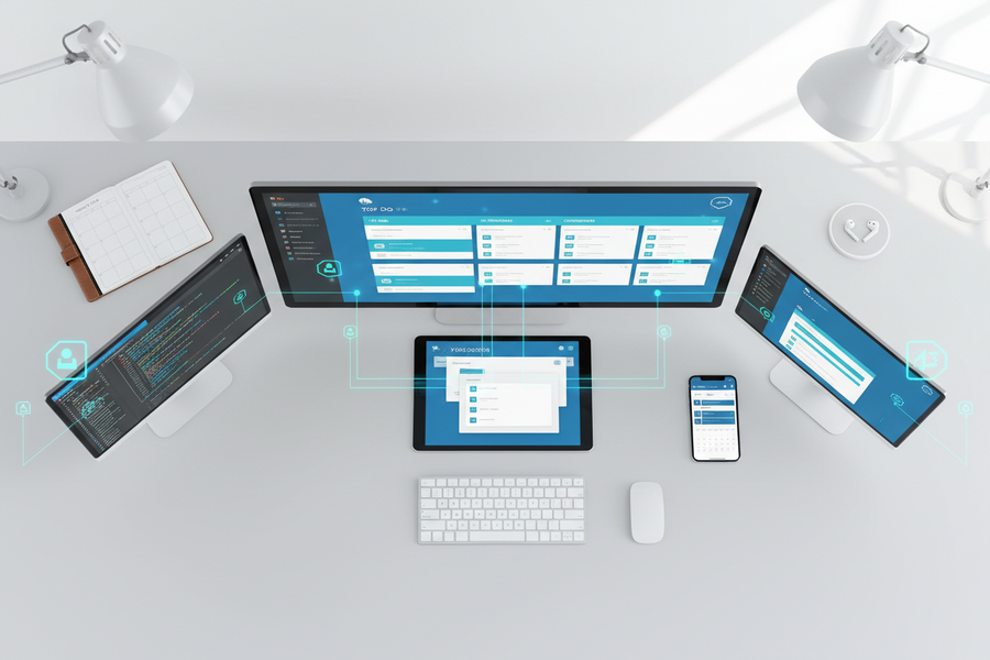 Digitale Klarheit im Arbeitsalltag – strukturierter digitaler Arbeitsplatz mit Fokus, reduzierten Tools und klaren Arbeitsroutinen