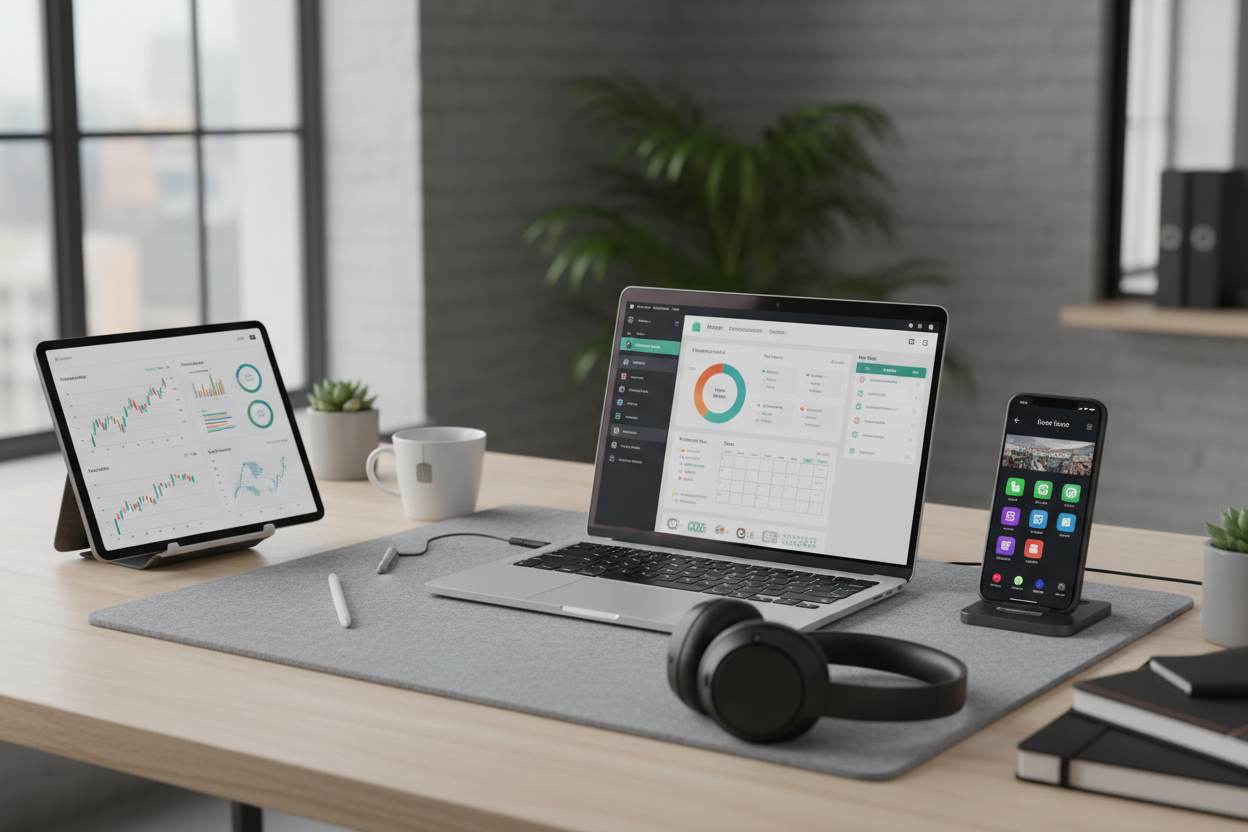 Arbeitsplatz mit vielen digitalen Tools und Apps als Symbol für Tool-Komplexität im modernen Arbeitsalltag