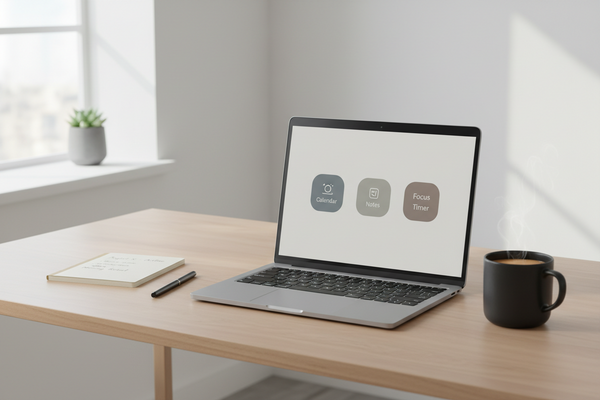 Reduzierter digitaler Arbeitsplatz mit Laptop und wenigen Tools als Symbol für digitalen Minimalismus im Arbeitsalltag