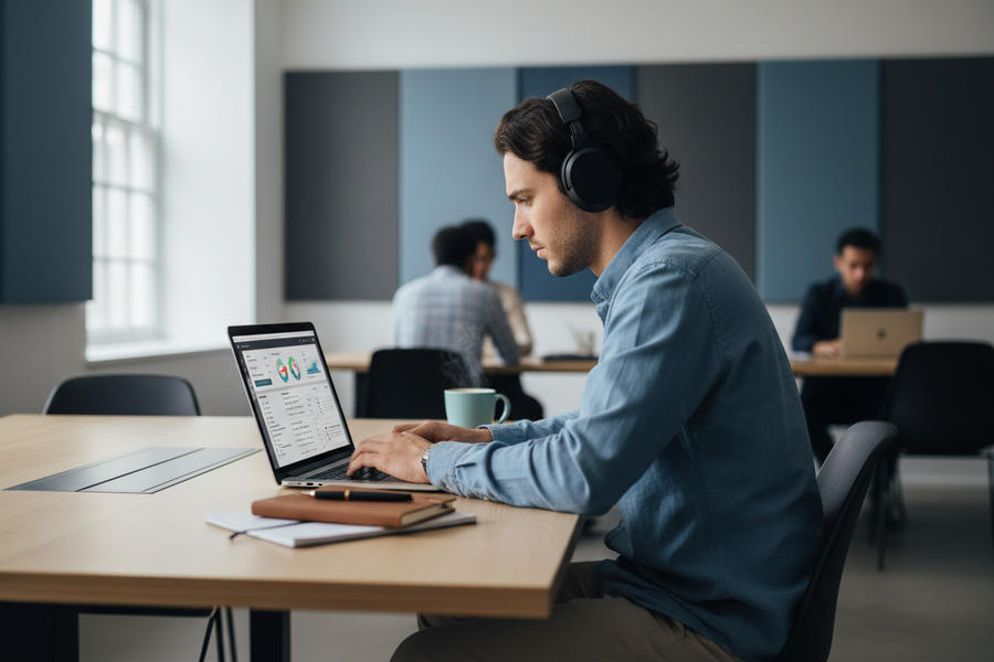 Fokussierter Arbeitsplatz mit Laptop und ruhiger Umgebung als Symbol für Konzentration im digitalen Arbeitsalltag
