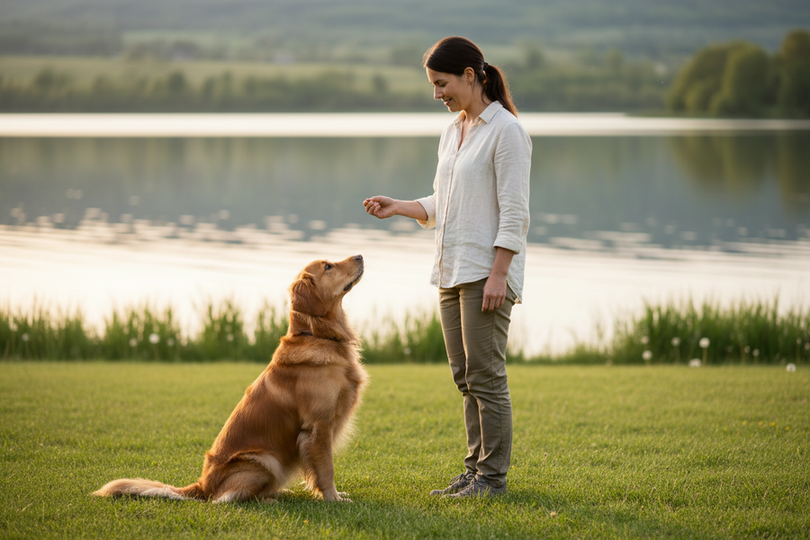 Hund blickt aufmerksam zu seinem Menschen – ruhiges Training und verständliche Kommunikation fördern Orientierung und Verhalten im Alltag