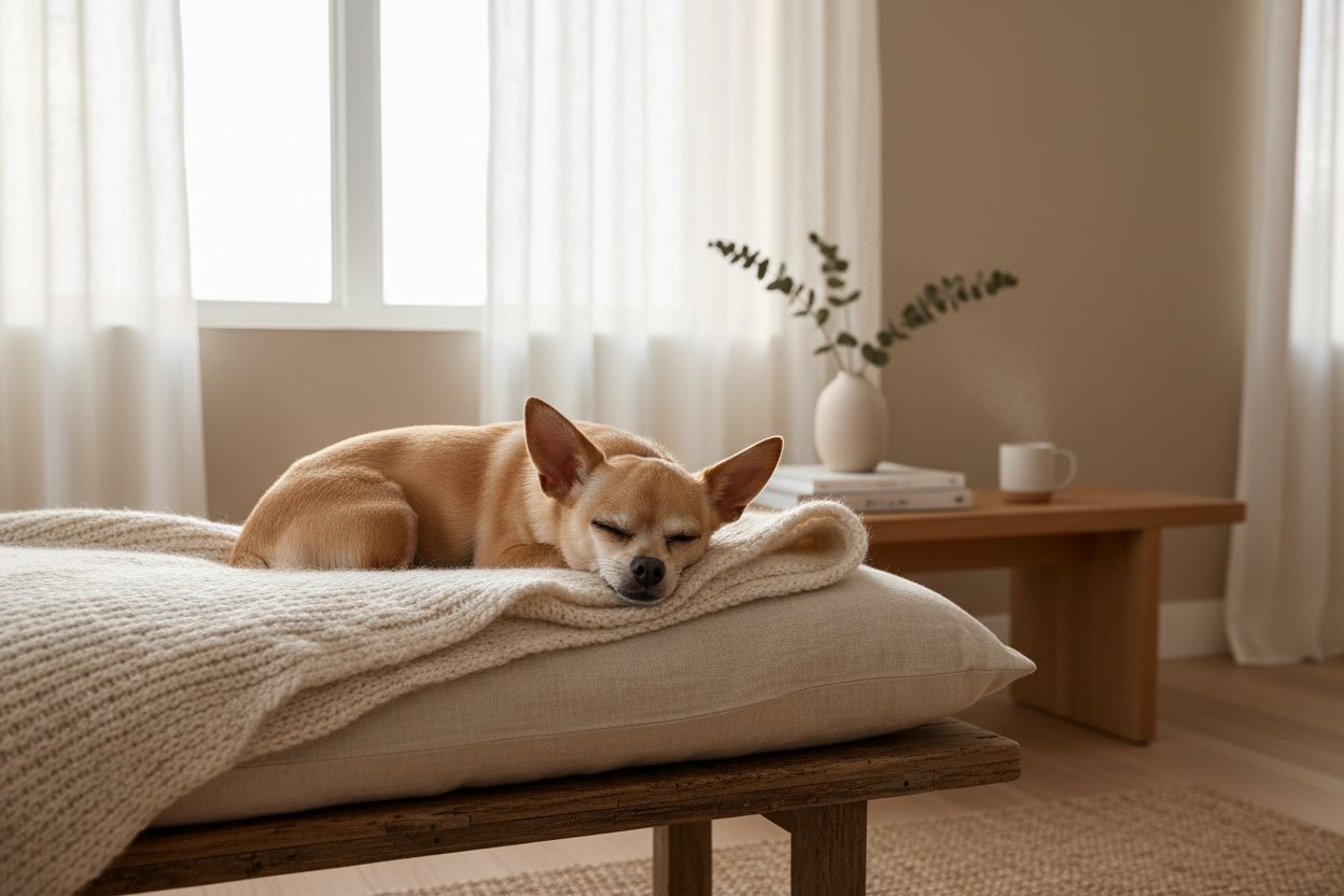Hund ruht entspannt auf seinem Lieblingsplatz zuhause – klare Routinen, Sicherheit und Orientierung fördern Ruhe im Alltag.