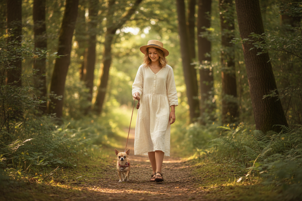 Hund und Mensch gehen entspannt durch die Natur – gemeinsame Orientierung und ruhige Kommunikation fördern entspannte Spaziergänge im Alltag.