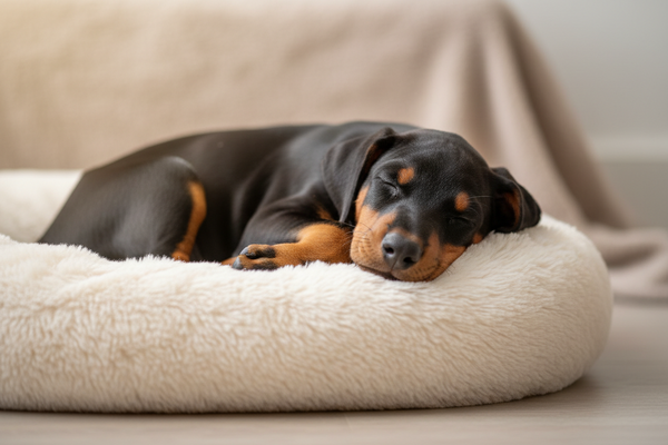Hund schläft entspannt auf seinem Ruheplatz – ausreichender Schlaf und Erholung unterstützen Wohlbefinden, Lernen und Verhalten im Alltag.