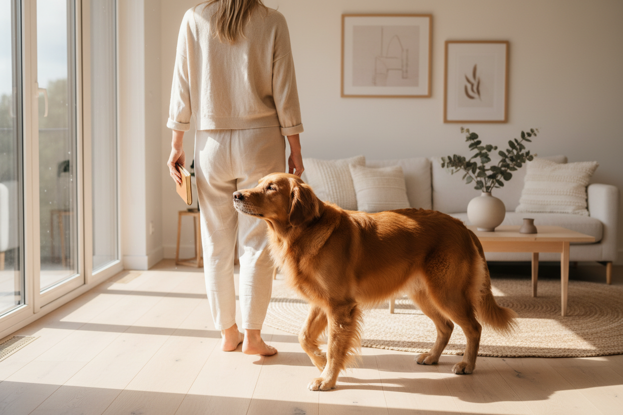 Hund folgt seinem Menschen aufmerksam durch das Zuhause – Orientierung, Gewohnheit und Sicherheit beeinflussen dieses Verhalten im Alltag.