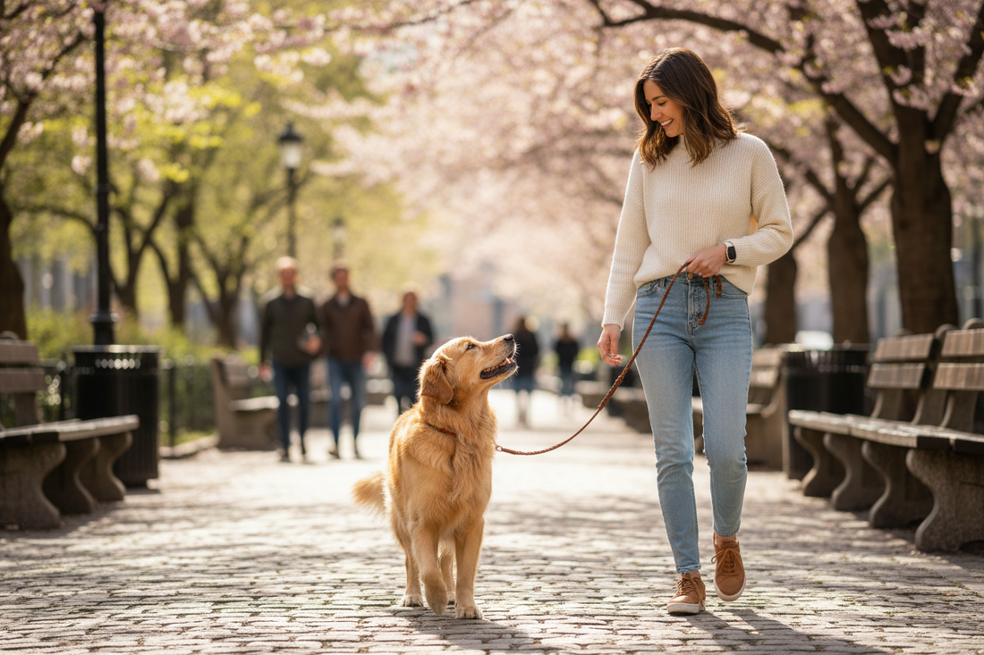 Hund geht an der Leine neben seinem Menschen spazieren – Orientierung und gemeinsame Kommunikation fördern entspannte Leinenführigkeit im Alltag.