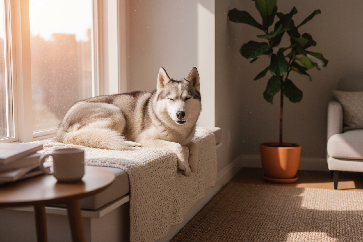 Hund ruht entspannt in seinem Zuhause – Sicherheit, Ruhe und Orientierung helfen Hunden dabei, Entspannung und Alleinebleiben im Alltag zu lernen.