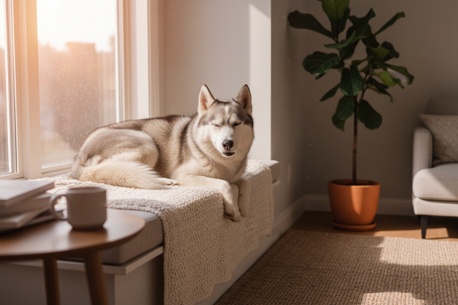 Hund ruht entspannt in seinem Zuhause – Sicherheit, Ruhe und Orientierung helfen Hunden dabei, Entspannung und Alleinebleiben im Alltag zu lernen.
