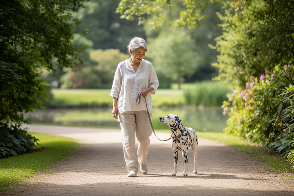 Hund läuft an lockerer Leine neben seinem Menschen – ruhige Kommunikation und Orientierung helfen, Spannung und Unsicherheit bei Spaziergängen zu reduzieren.