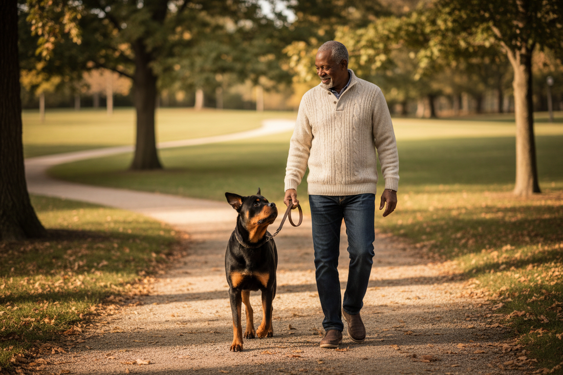Hund orientiert sich während eines Spaziergangs aufmerksam an seinem Menschen – gemeinsame Erfahrungen und ruhige Kommunikation fördern Orientierung im Alltag.