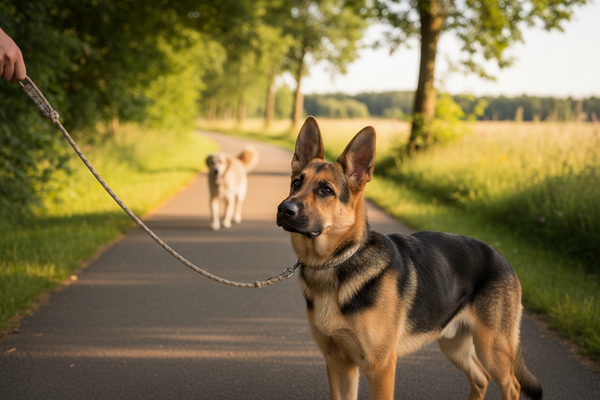Hund beobachtet einen anderen Hund während eines Spaziergangs – ruhige Orientierung und Verständnis helfen bei entspannten Hundebegegnungen.