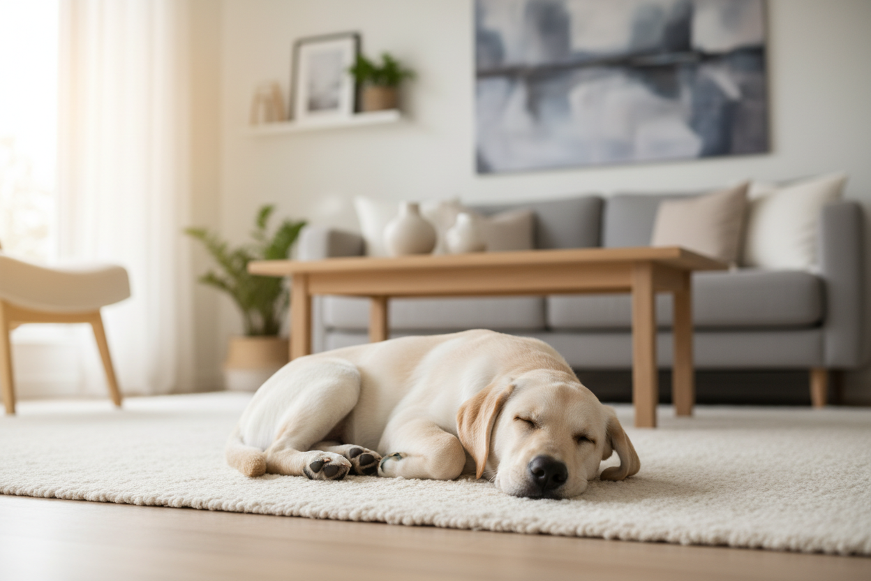 Hund ruht entspannt in ruhiger Wohnumgebung – bewusste Ruhephasen helfen bei Entspannung und Reizverarbeitung im Alltag