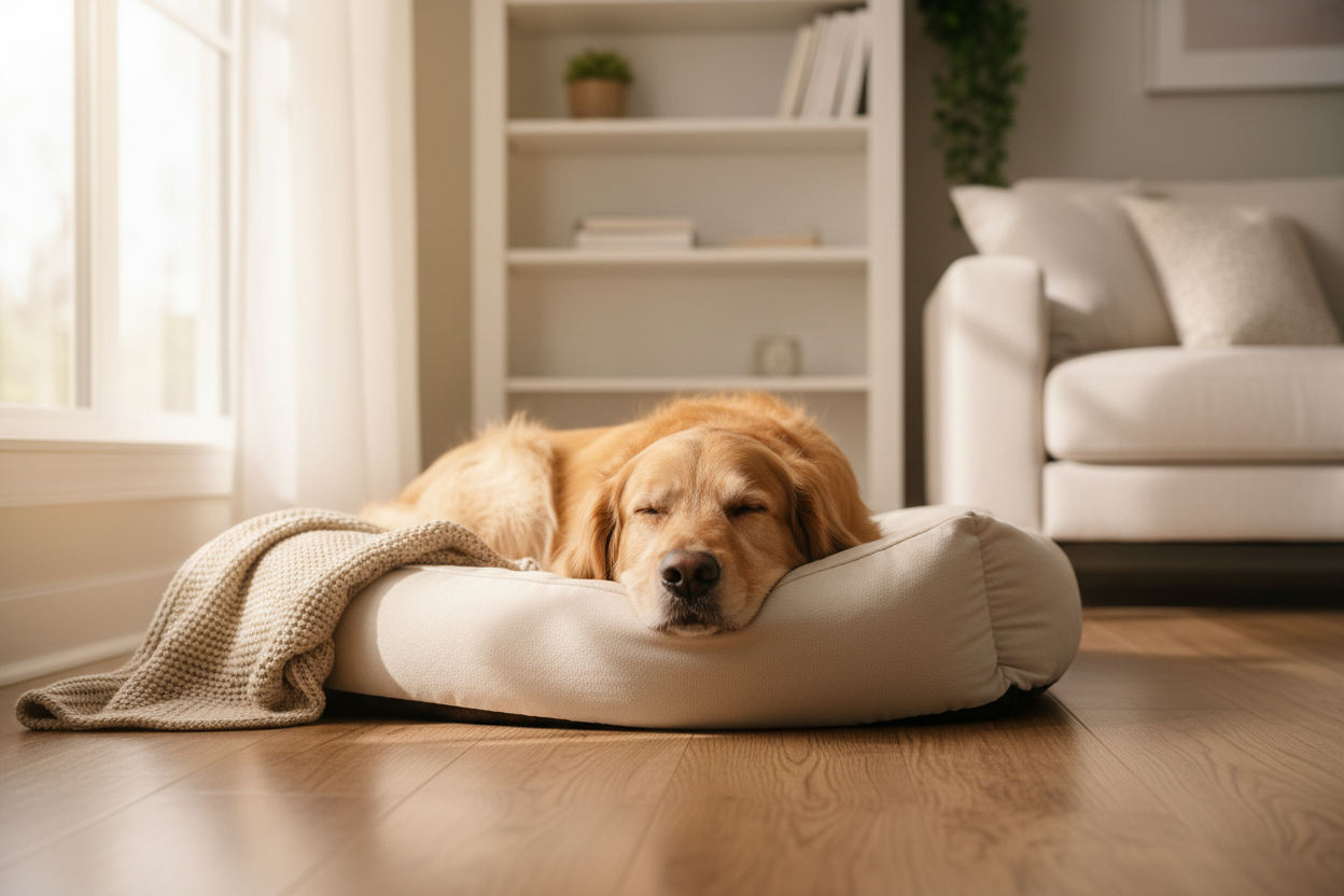 Hund liegt entspannt alleine in seinem Zuhause – Sicherheit und Orientierung helfen Hunden, das Alleinebleiben Schritt für Schritt zu lernen.