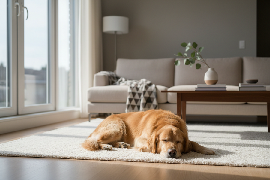 Hund liegt entspannt zuhause in ruhiger Umgebung – strukturierter Alltag und klare Routinen geben Sicherheit und Orientierung