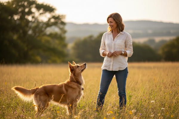 Hund orientiert sich aufmerksam an seinem Menschen – Verständnis, Orientierung und klare Kommunikation bilden die Grundlage für nachhaltiges Lernen.