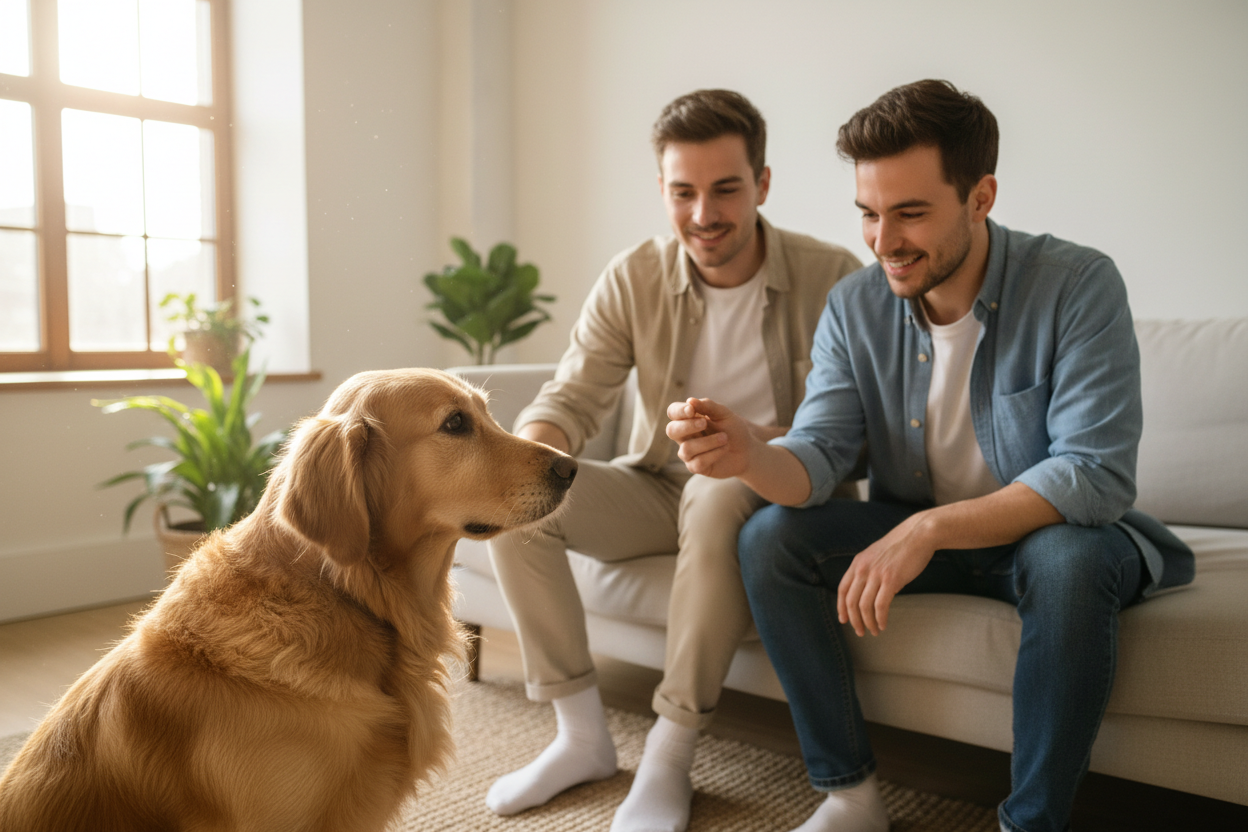 Hund schaut aufmerksam zu seinem Menschen – ruhige Kommunikation und Verständnis fördern Orientierung und Lernen im Alltag