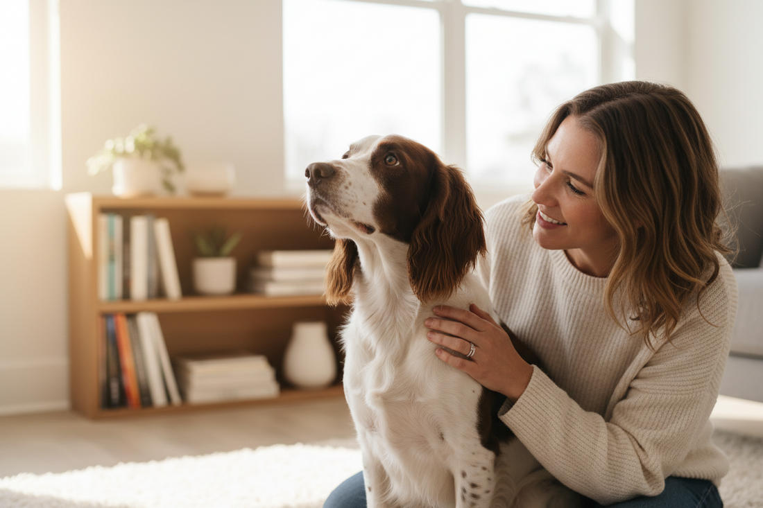 Hund blickt ruhig zu seinem Menschen – strukturierter Alltag und klare Orientierung beeinflussen Verhalten langfristig