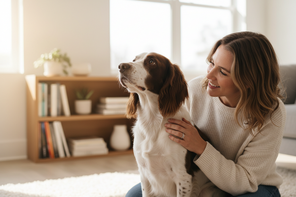 Hund blickt ruhig zu seinem Menschen – strukturierter Alltag und klare Orientierung beeinflussen Verhalten langfristig