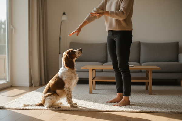 Hund beobachtet aufmerksam die Körpersprache seines Menschen – klare Bewegungen und ruhige Signale fördern Verständnis und Orientierung im Alltag.