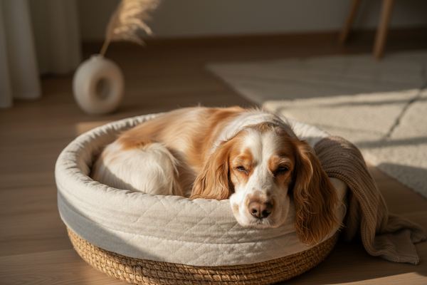 Hund liegt entspannt in seinem Körbchen und ruht – Sicherheit, Orientierung und ruhige Tagesabläufe fördern Entspannung im Alltag.
