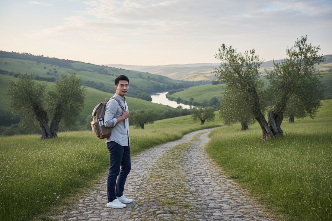Person reist entspannt mit leichtem Gepäck durch eine ruhige Landschaft und bewegt sich frei und organisiert unterwegs