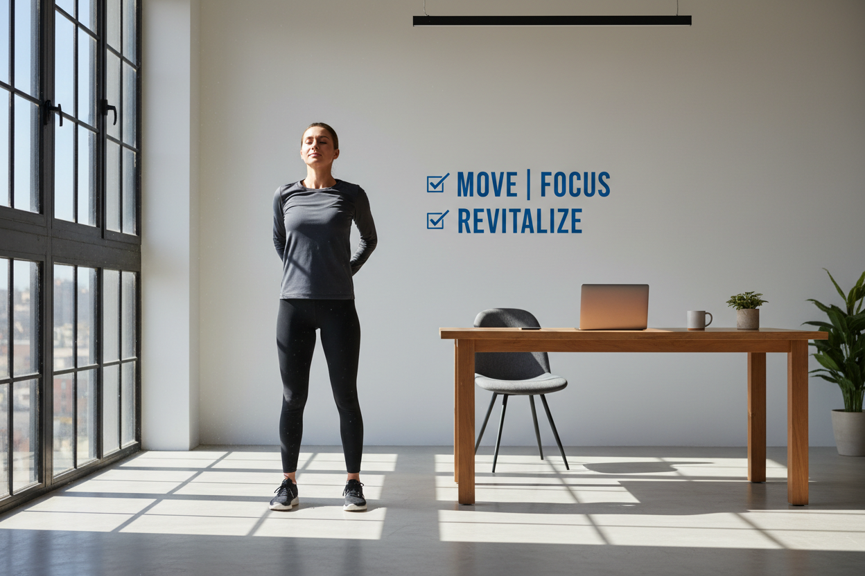 Kurze Bewegungspausen helfen, Energie und Konzentration im Alltag zu verbessern – Artikel im FitStart Health Ratgeber.