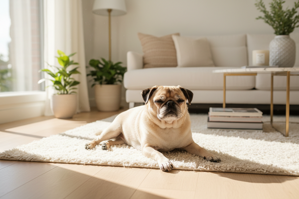 Hund liegt entspannt zuhause nach ruhigem Alltag – klare Abläufe und bewusste Ruhephasen fördern Orientierung und Sicherheit