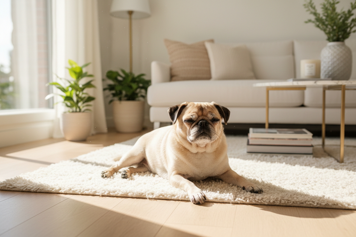 Hund liegt entspannt zuhause nach ruhigem Alltag – klare Abläufe und bewusste Ruhephasen fördern Orientierung und Sicherheit