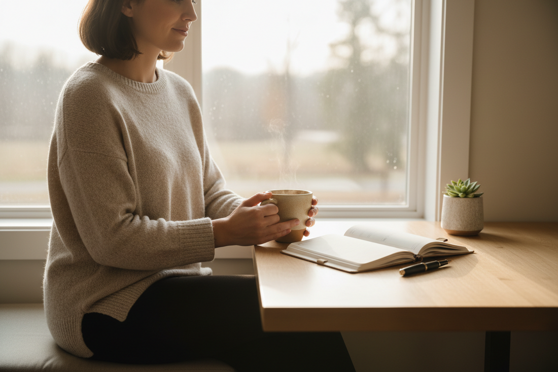 Person beginnt den Reisetag entspannt mit einer Tasse Kaffee und einem kurzen Blick in den Tagesplan, bevor sie ruhig in den Tag startet.