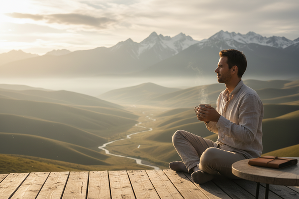 Person geniesst auf Reisen bewusst einen ruhigen Morgen mit einer Tasse Kaffee und Blick auf die Landschaft und schafft sich ein persönliches Ritual für mehr Gelassenheit.