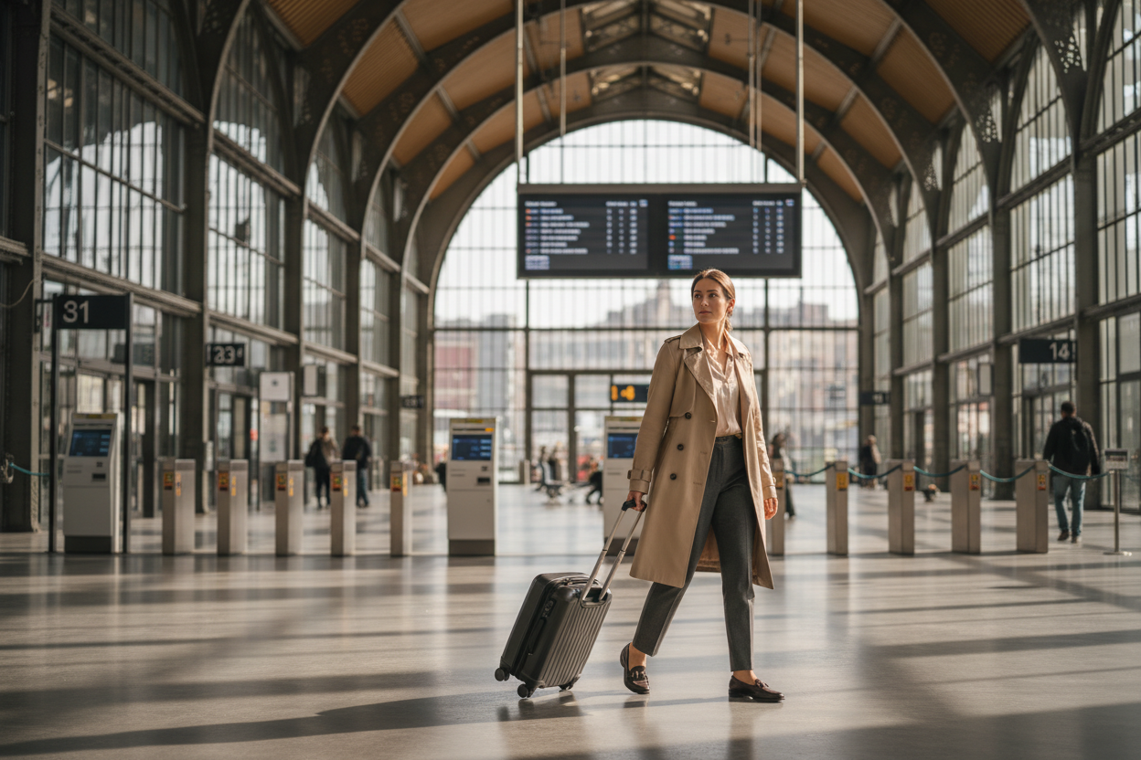 Person reist mit leichtem Gepäck entspannt durch einen Bahnhof und bewegt sich ruhig und organisiert unterwegs