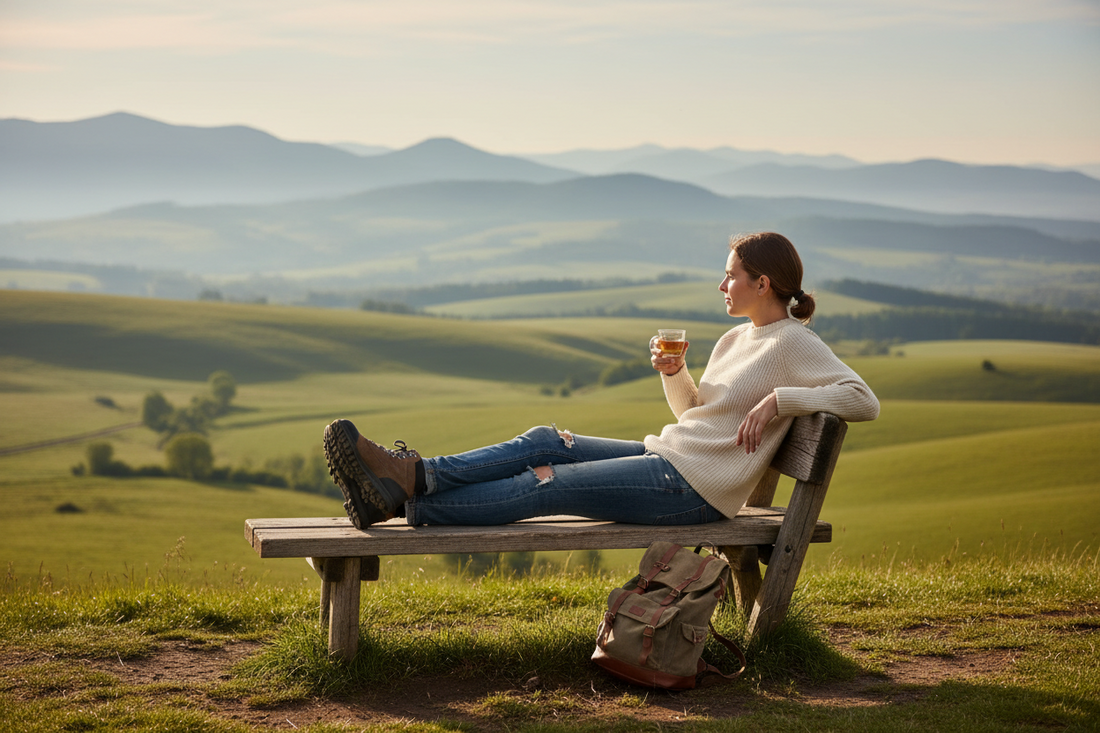 Person sitzt entspannt auf einer Bank mit Blick auf eine Landschaft und gönnt sich bewusst eine Pause während einer Reise.