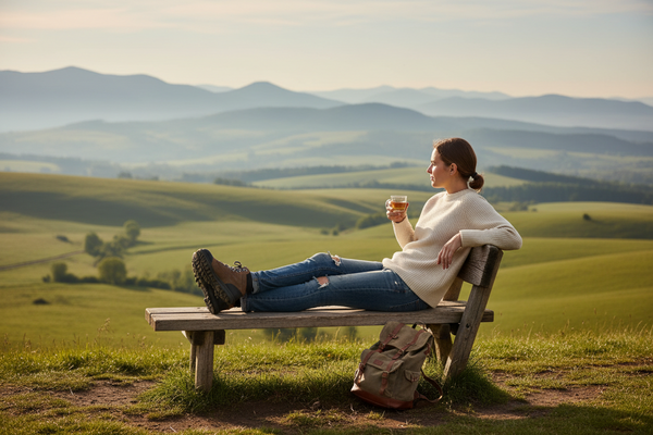 Person sitzt entspannt auf einer Bank mit Blick auf eine Landschaft und gönnt sich bewusst eine Pause während einer Reise.