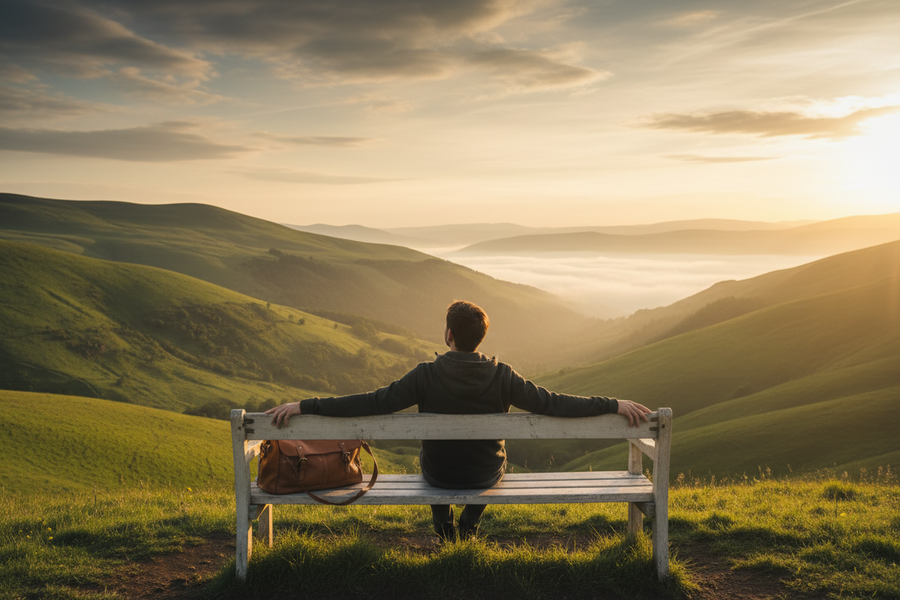 Person sitzt entspannt auf einer Bank mit Blick auf eine ruhige Landschaft und geniesst bewusst einen stillen Moment während einer Reise.