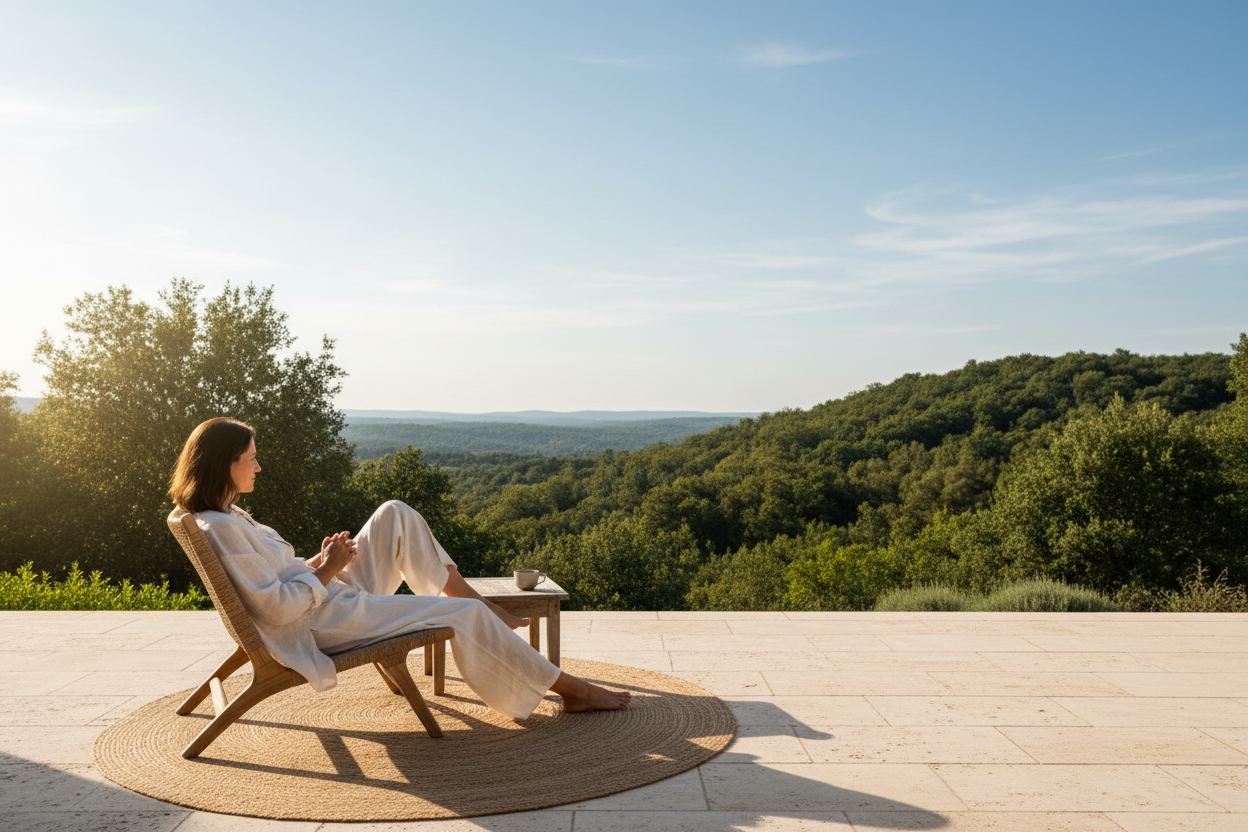 Person sitzt entspannt auf einer Terrasse mit Blick in die Natur und geniesst den Moment ohne Druck oder Perfektionsanspruch.