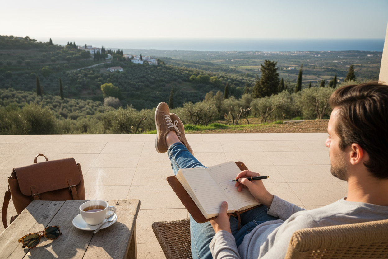 Person sitzt entspannt mit Reisetagebuch auf einer Terrasse und geniesst eine Reise ohne festen Zeitdruck oder überfüllten Plan.
