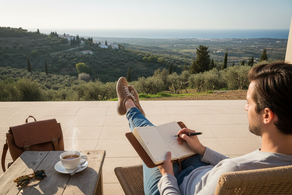 Person sitzt entspannt mit Reisetagebuch auf einer Terrasse und geniesst eine Reise ohne festen Zeitdruck oder überfüllten Plan.