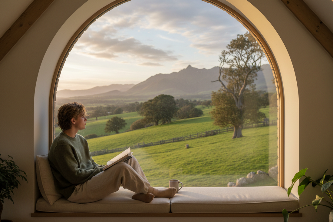 Person sitzt entspannt mit Blick auf eine Landschaft und geniesst eine ruhige Reise ohne Hektik oder Zeitdruck