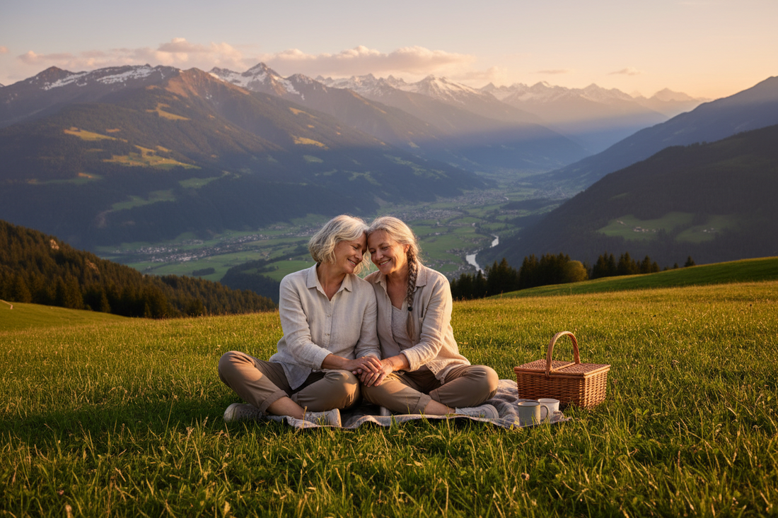 Personen sitzen entspannt auf einer Wiese mit Blick auf die Berge und geniesst bewusst einen ruhigen Moment ohne Zeitdruck während ihrer Reise.
