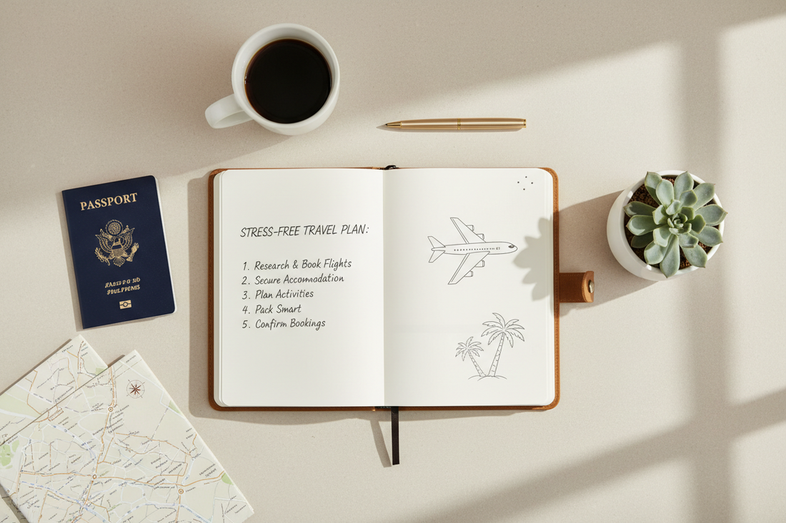 Person plant eine Reise ruhig und strukturiert mit Laptop, Karte und Notizen am Tisch