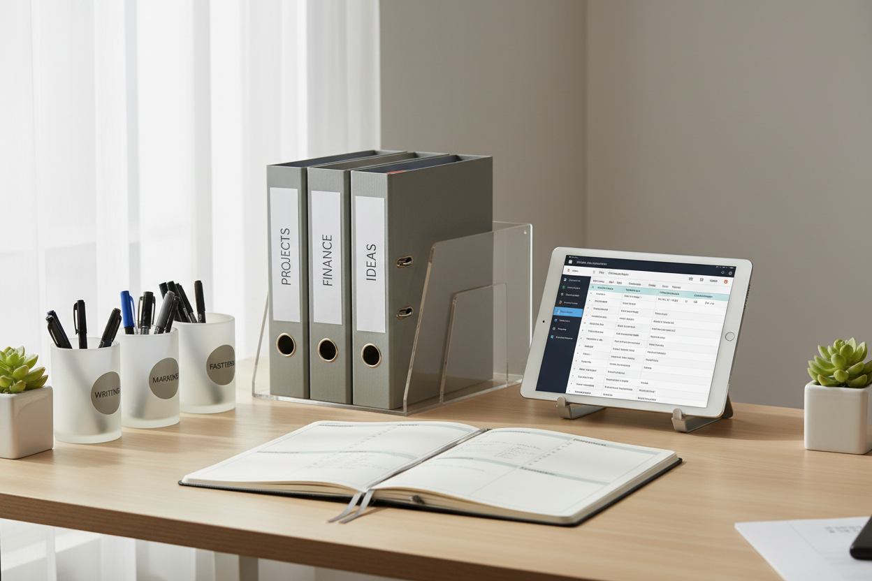 Ordentlicher Arbeitsplatz mit Laptop, Notizbuch und klarer Struktur als Symbol für organisierte Arbeitsroutinen im digitalen Arbeitsalltag