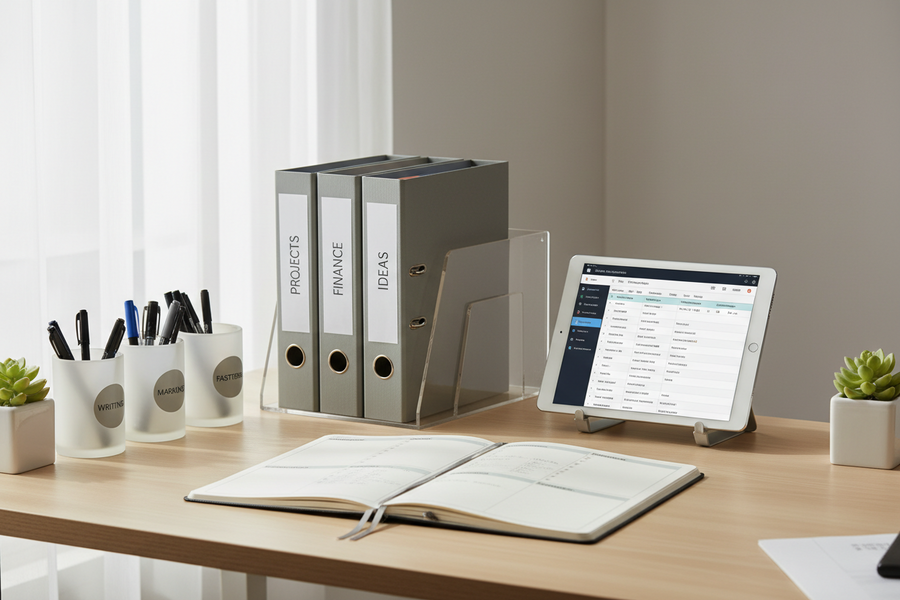 Ordentlicher Arbeitsplatz mit Laptop, Notizbuch und klarer Struktur als Symbol für organisierte Arbeitsroutinen im digitalen Arbeitsalltag