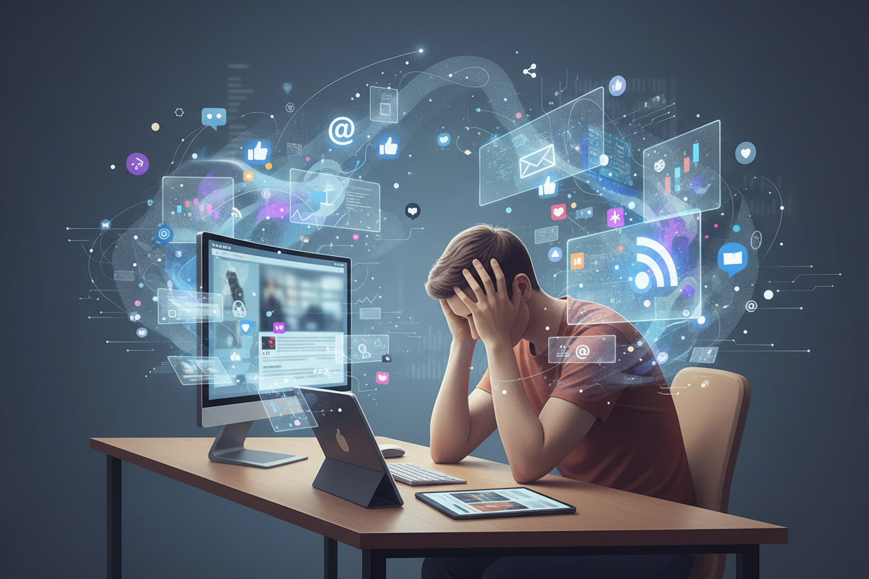 Digitale Informationen können im modernen Alltag zu mentaler Erschöpfung führen – Artikel im FitStart Health Ratgeber.