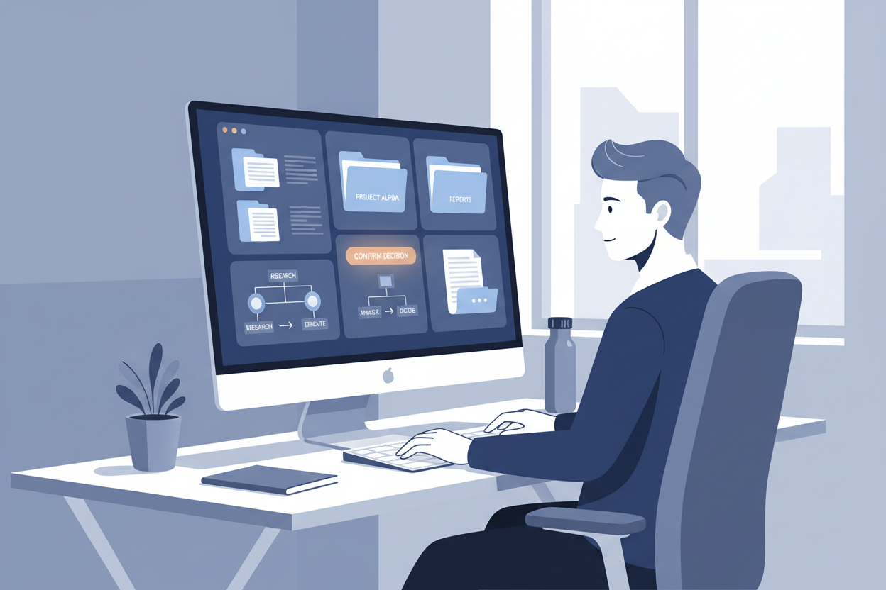 Aufgeräumter digitaler Arbeitsplatz mit Laptop, Notizbuch und klarer Struktur als Symbol für Klarheit im Arbeitsalltag