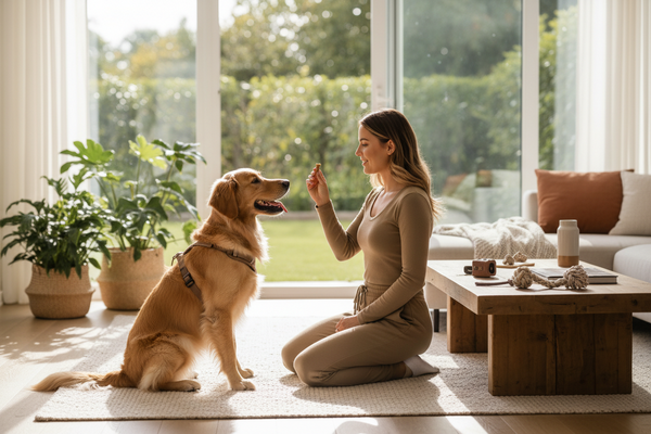 Frau trainiert ihren Hund im Wohnzimmer mit positiver Verstärkung und ruhiger Umgebung