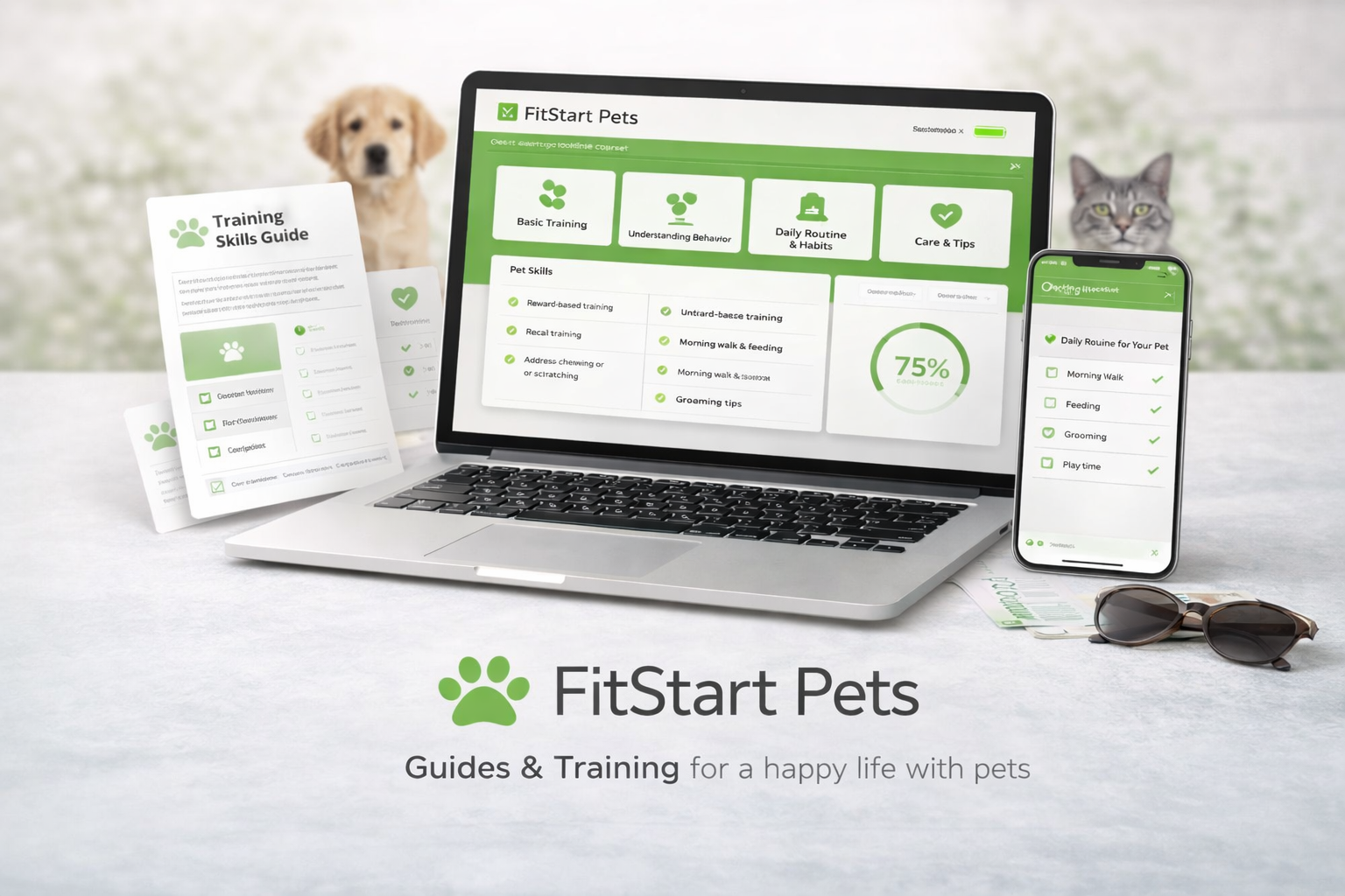 Online pet training course on laptop and smartphone with checklist and training modules, with a dog and cat softly blurred in the background - FitStart Pets