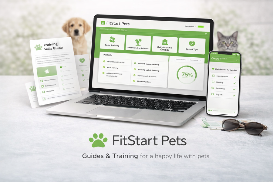 Online pet training course on laptop and smartphone with checklist and training modules, with a dog and cat softly blurred in the background - FitStart Pets